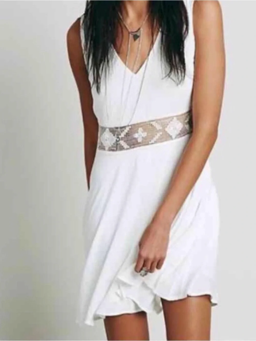 Free People Ivory Sleeveless Mini Dress Medium Crochet Lace Pockets Boho
